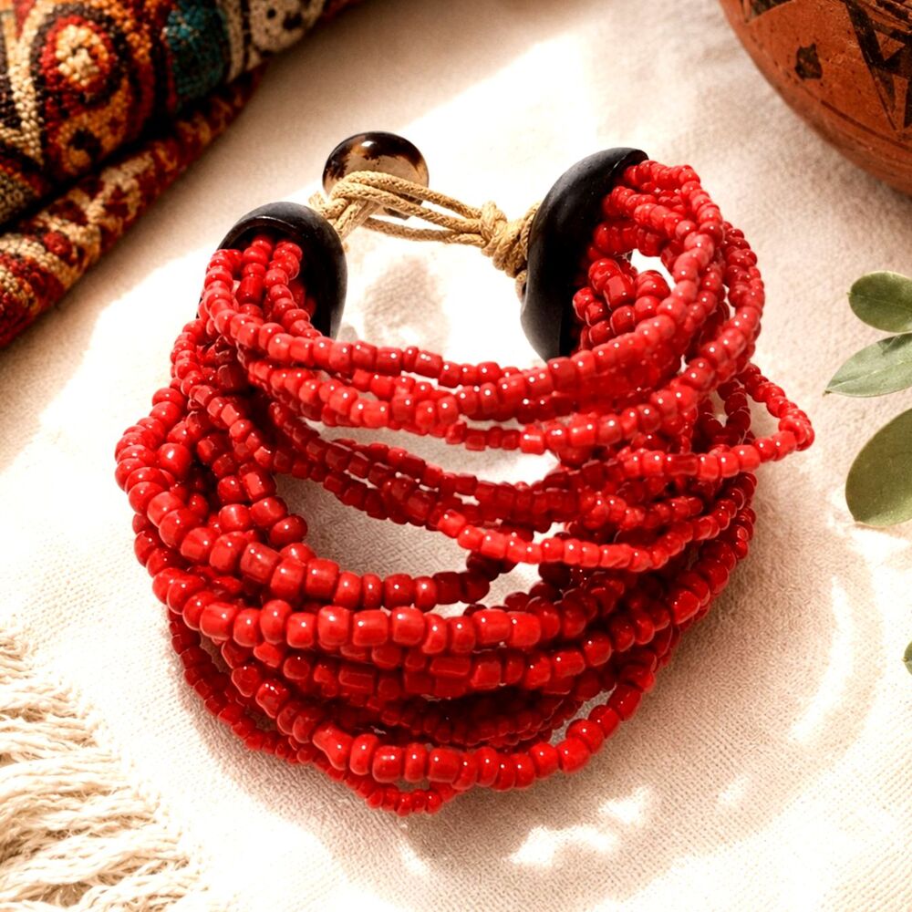 Ethnic Inspired Multi Strand Coral Color Beaded Bracelet Coconut Shell Boho 7.5"